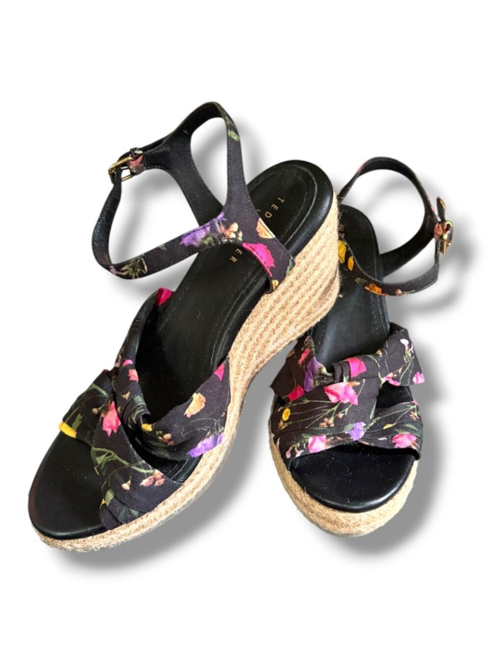 Ted Baker London Luxury Cardone Black Floral Espadrille Platform Wedge Heels 8.5